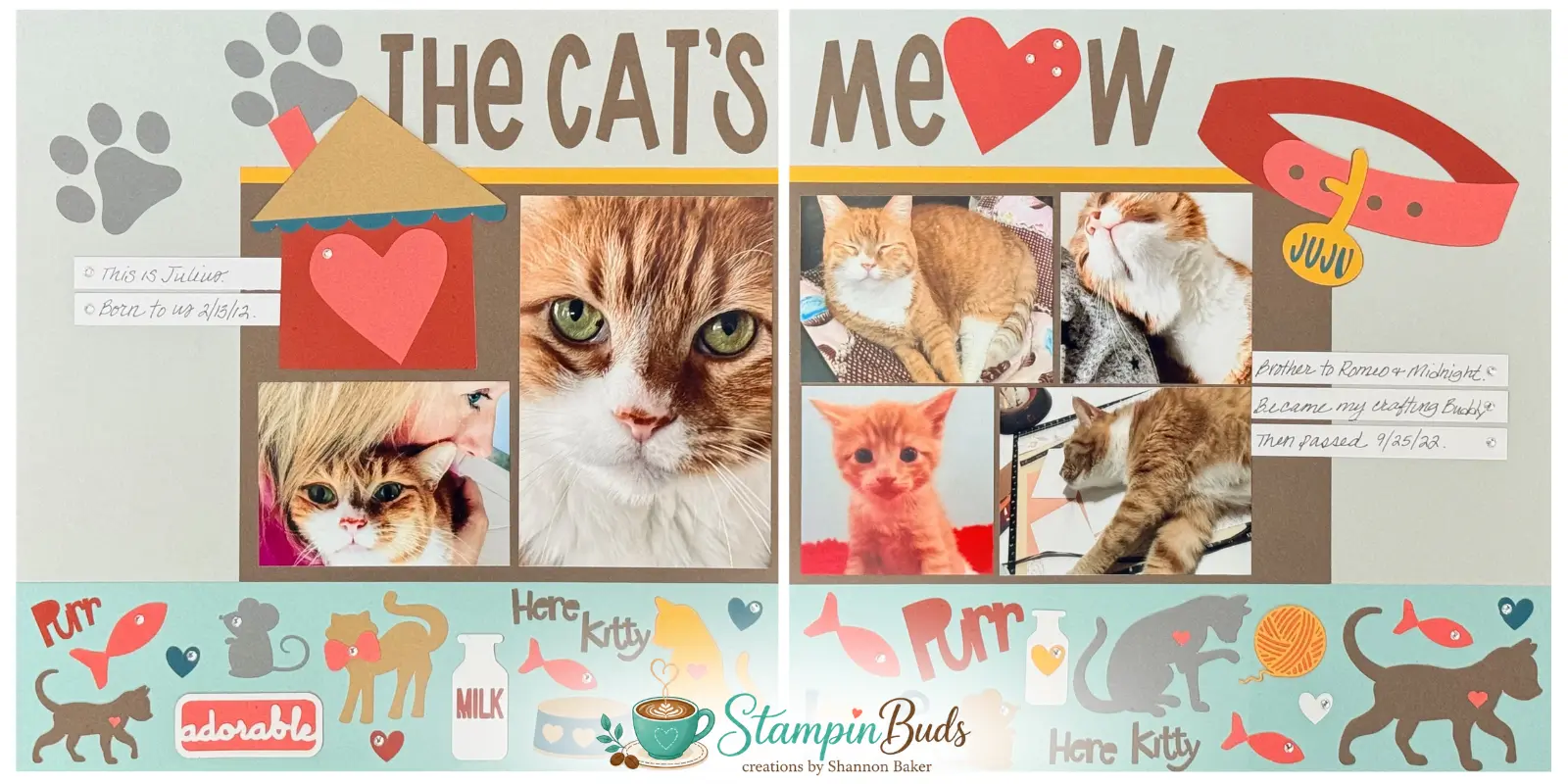 The Cat's Meow pet scrapbook layout featuring photos of an orange cat named Julius.