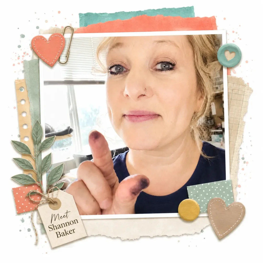 Meet Shannon Baker graphic featuring a portrait surrounded by scrapbook-inspired papers and embellishments.