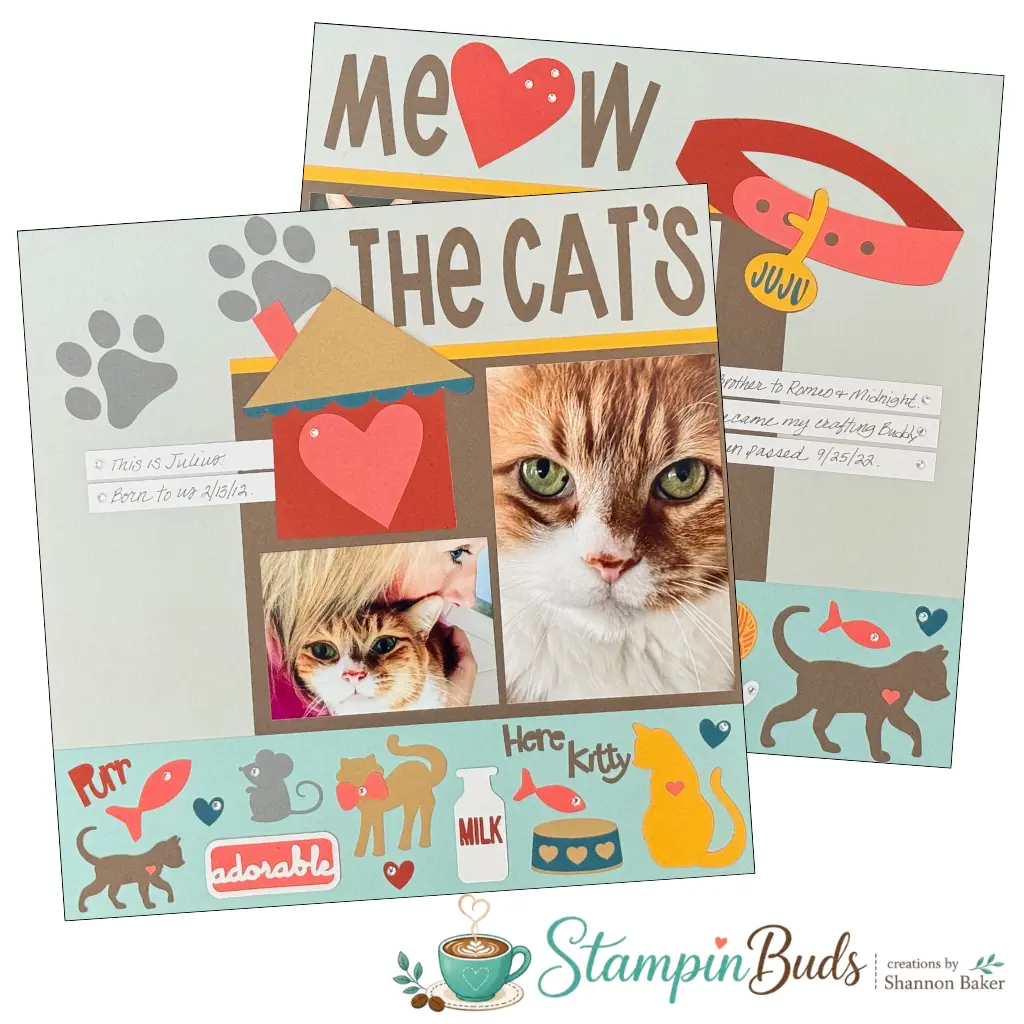 The Cat's Meow pet scrapbook layout featuring photos of an orange cat named Julius.