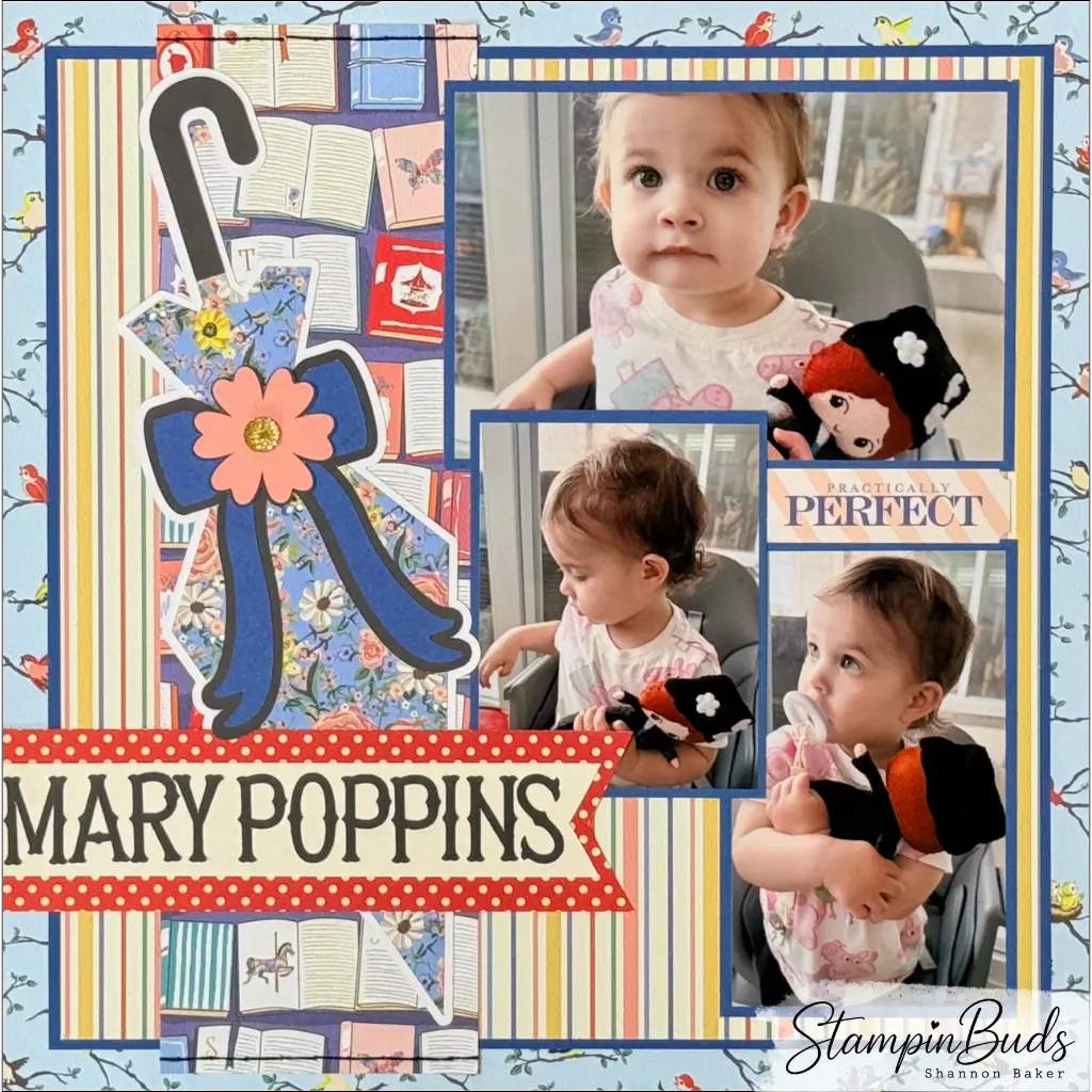 Scrapbook layout featuring photos of a little girl hugging her Mary Poppins doll after discovering her favorite movie.