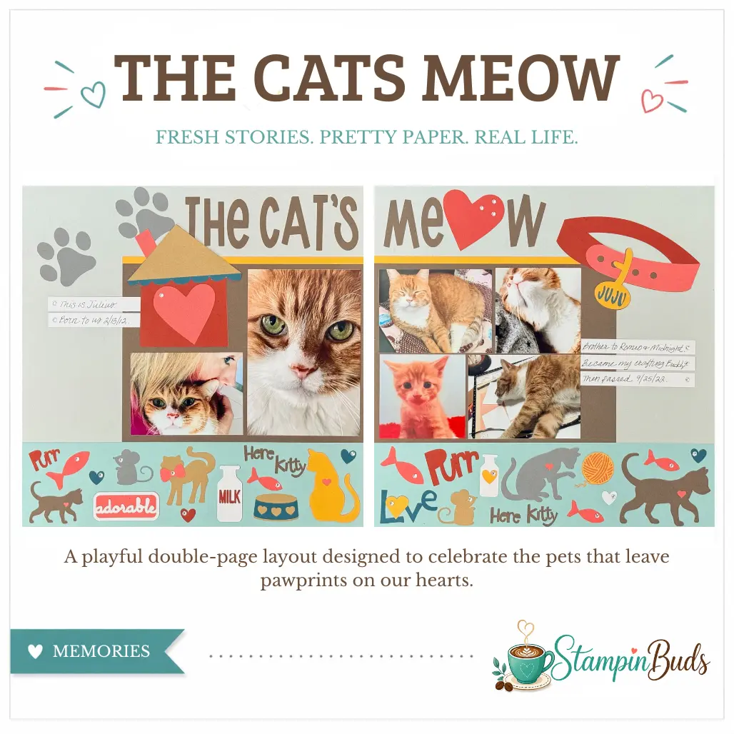 The Cat's Meow pet scrapbook layout featuring photos of an orange cat named Julius.