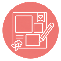 Scrapbook layout and pencil icon representing the Follow the Sketch step in Sketch & Savor.