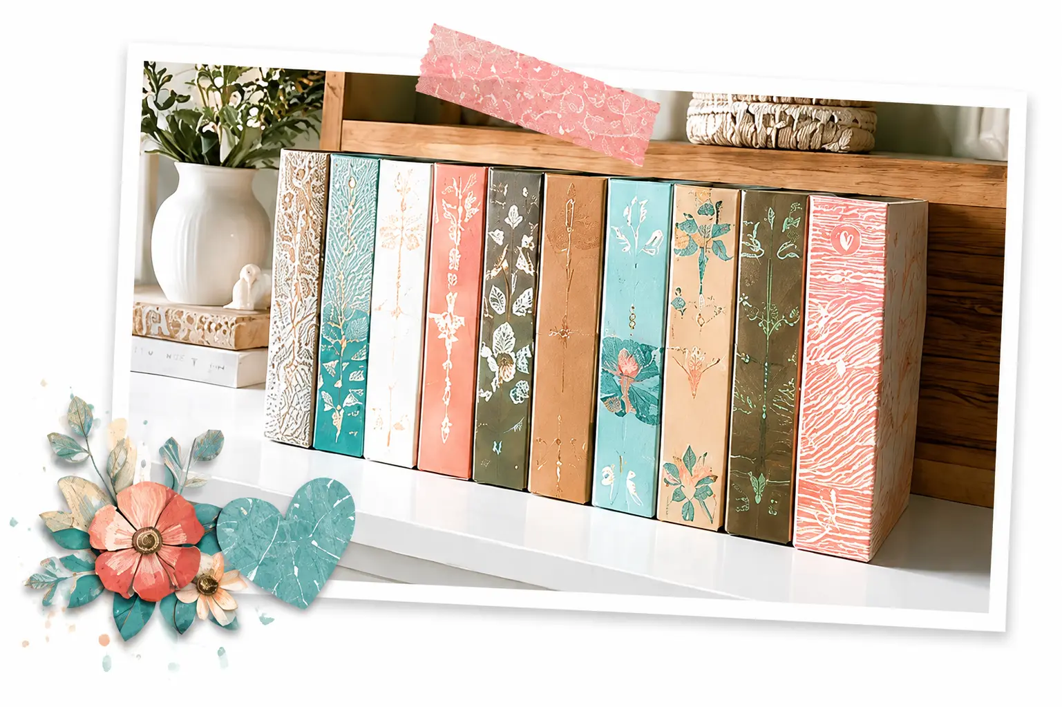 Decorative display of completed scrapbook albums representing preserved family memories.