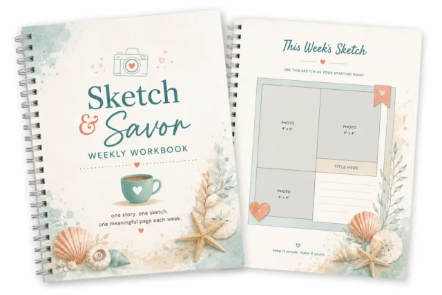 Sketch & Savor weekly workbook mockup featuring the workbook cover and a sample scrapbook sketch page with coastal-inspired embellishments.