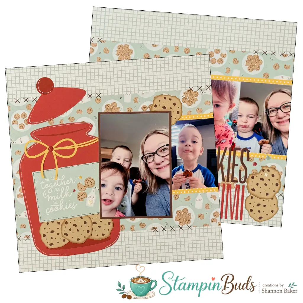 Double page scrapbook layout titled "Cookies with Mimi" featuring chocolate chip cookie themed papers, a large cookie jar embellishment, and photos of a Mimi sharing cookies with her grandchildren.