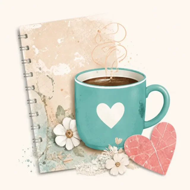 Teal coffee mug with a heart beside a scrapbook notebook, representing cozy story-first scrapbooking.