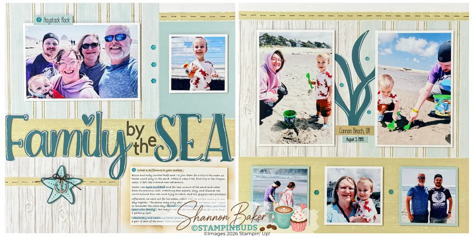 Two-page Family by the Sea scrapbook layout featuring seven family photos from a day at Cannon Beach, with beach-inspired papers, a large Cricut title, starfish, seaweed, and nautical embellishments.