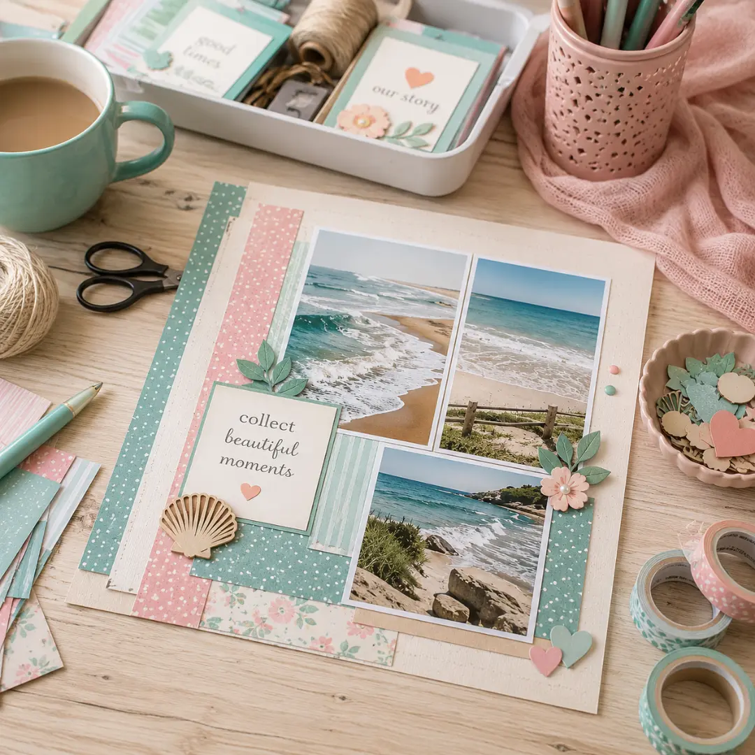 Beach scrapbook layouts with coffee and craft supplies
