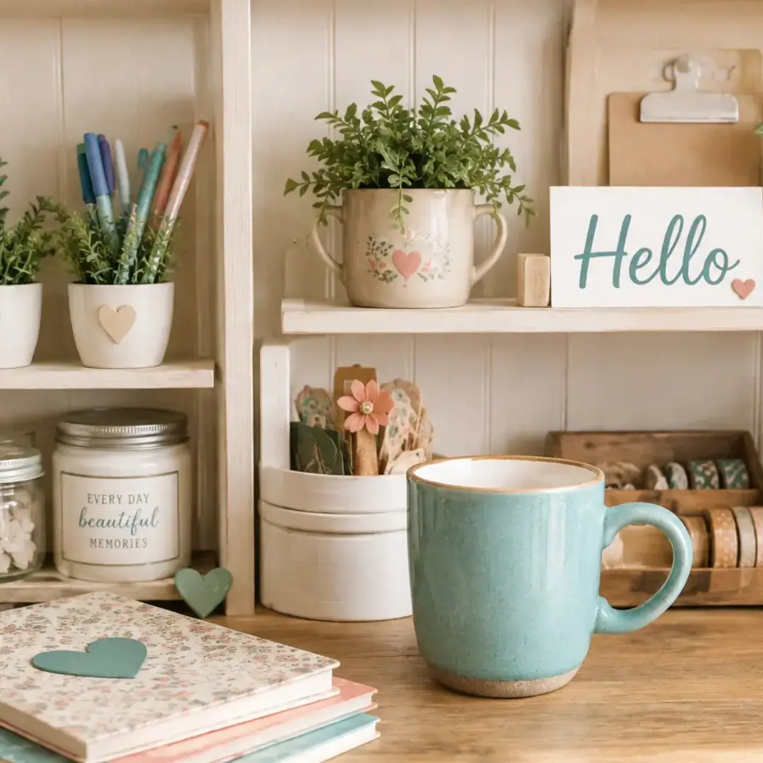Cozy scrapbooking workspace with coffee and craft supplies.