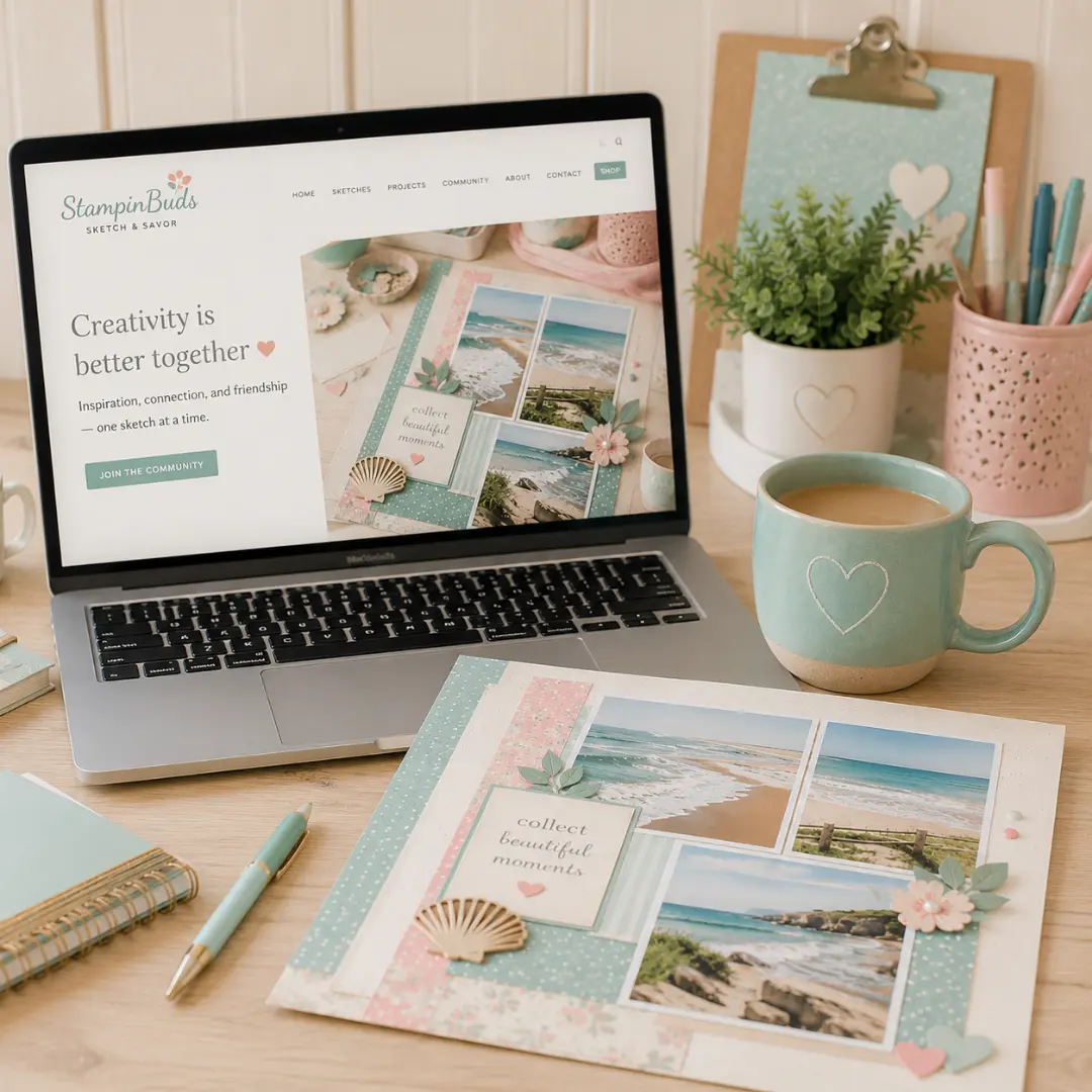 Scrapbooking inspiration with a beach layout and laptop