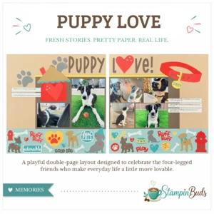 Dog scrapbook layout featuring playful puppy photos, paw prints, bones, and pet-themed paper crafting embellishments.