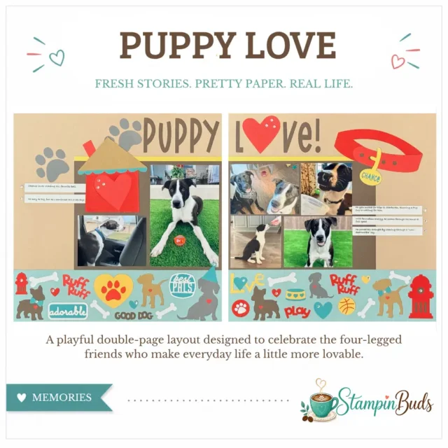 Dog scrapbook layout featuring playful puppy photos, paw prints, bones, and pet-themed paper crafting embellishments.