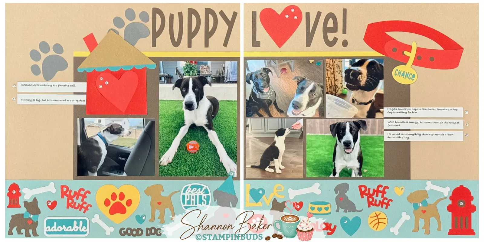 Dog scrapbook layout featuring playful puppy photos, paw prints, bones, and pet-themed paper crafting embellishments.