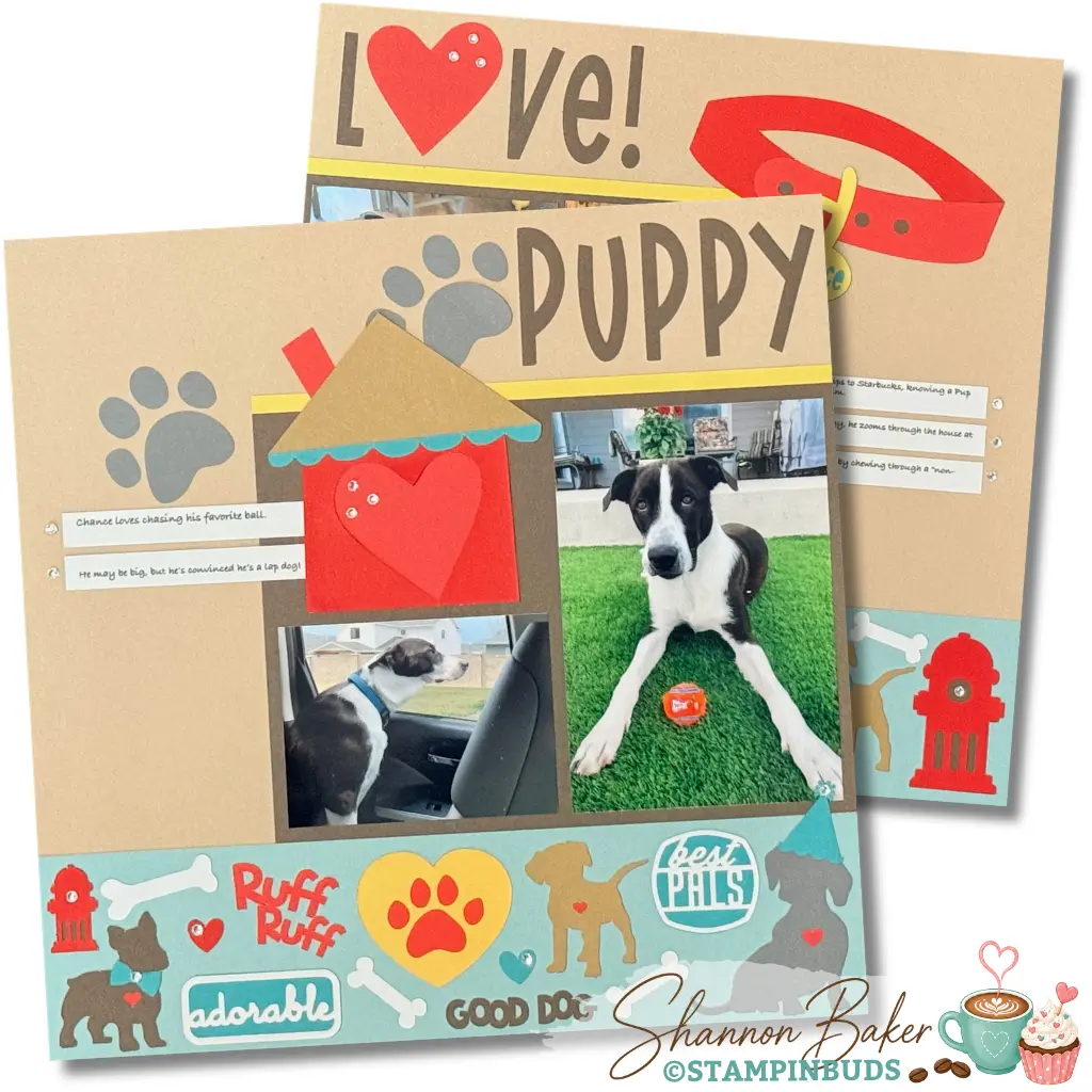 Dog scrapbook layout featuring playful puppy photos, paw prints, bones, and pet-themed paper crafting embellishments.